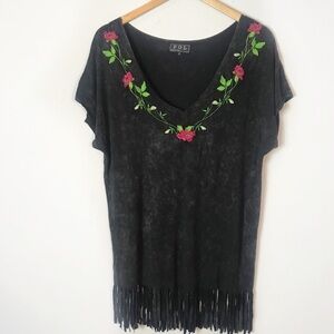 POL Boho Rose Embroidered Distressed Top